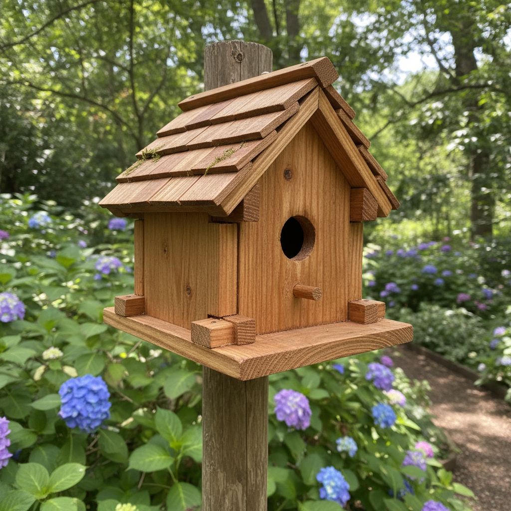 Detailaufnahme eines fertigen Vogelhauses im Garten