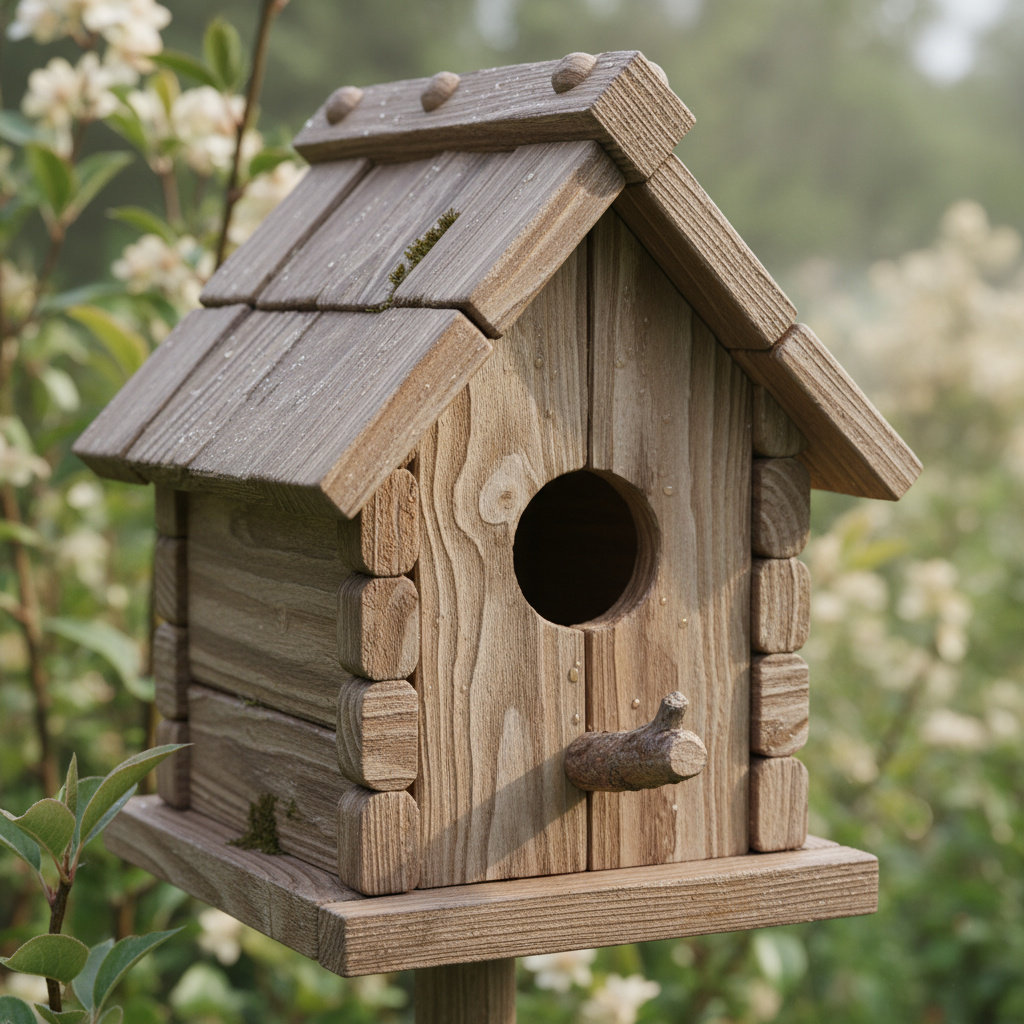 Handgefertigtes Vogelhaus in natürlicher Gartenszene