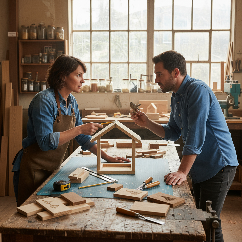 Beratung am Werktisch zu einem Vogelhaus-Design
