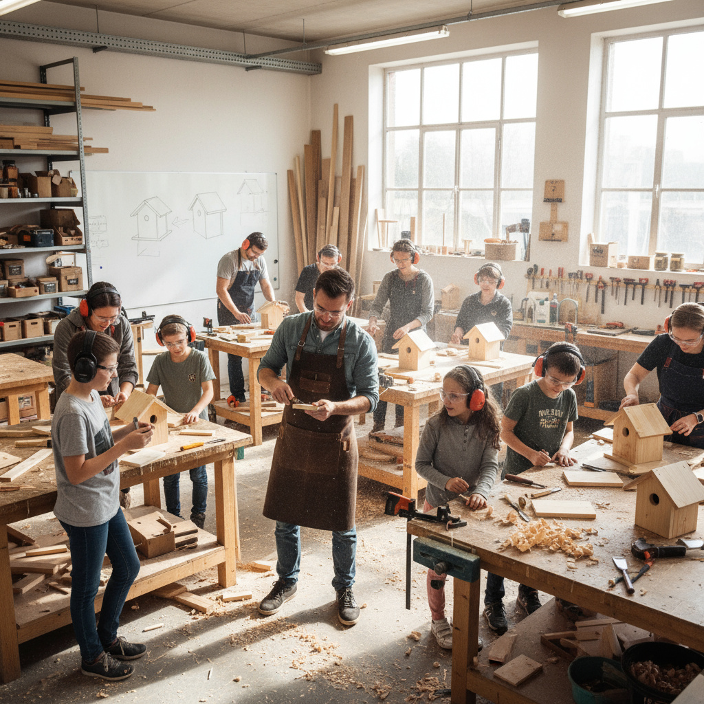 Teilnehmende in einem Holzworkshop beim Bau von Vogelhäusern